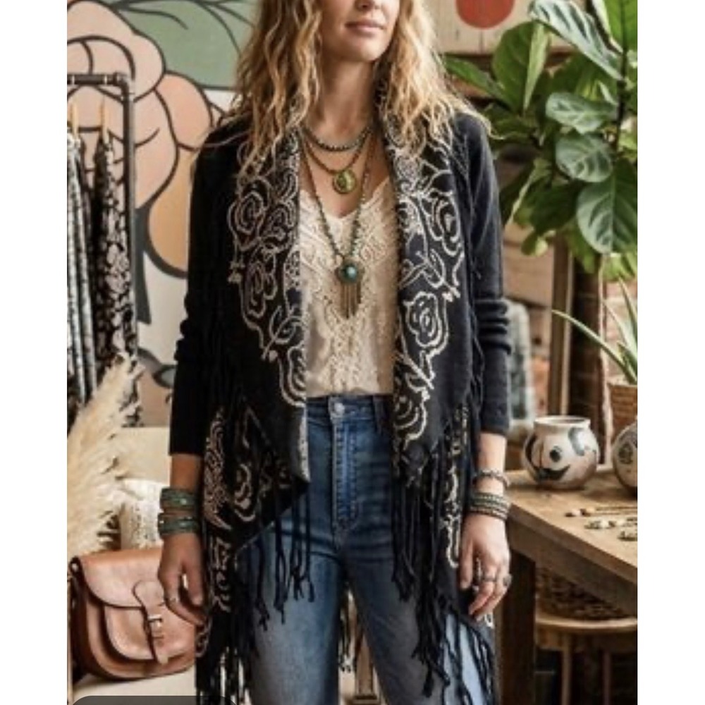 Flying Tomato Women M Cardigan Navy Blue Floral Fringe Open Front Boho Cottage